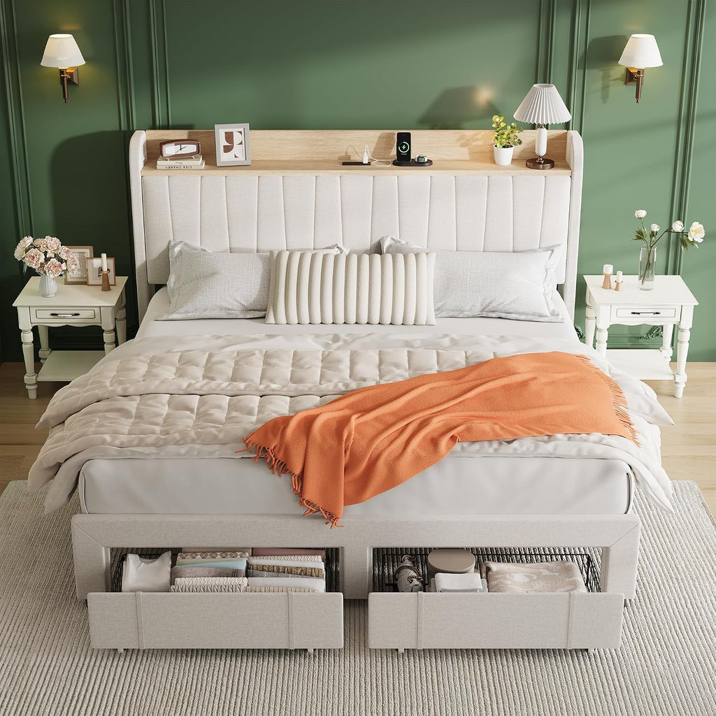GarveeHome King Size Bed Frame with Storage Headboard, Upholstered Platform Beds with Drawers, Charging Station, Noise-Free, No Box Spring Needed, Easy Assembly, Beige