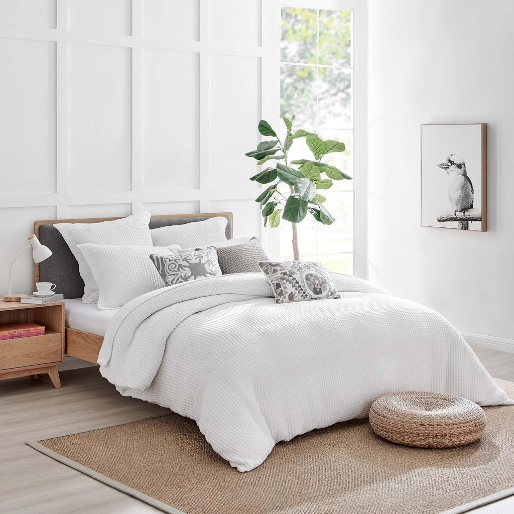 Levtex Home Mills Waffle Queen Duvet Cover Set (90x94in) with 2 Pillow Shams (26x20in) - Bright White - 100% Cotton Queen Size Duvet Cover Set - Soft, Pre-Washed