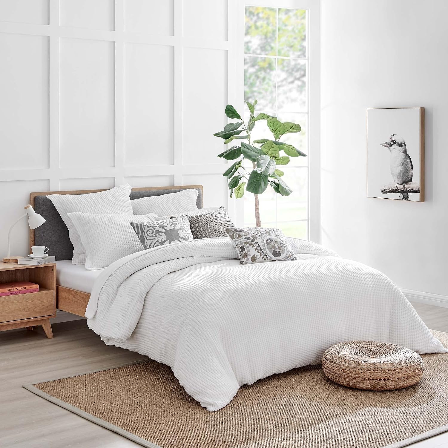 Levtex Home Mills Waffle Queen Duvet Cover Set (90x94in) with 2 Pillow Shams (26x20in) - Bright White - 100% Cotton Queen Size Duvet Cover Set - Soft, Pre-Washed