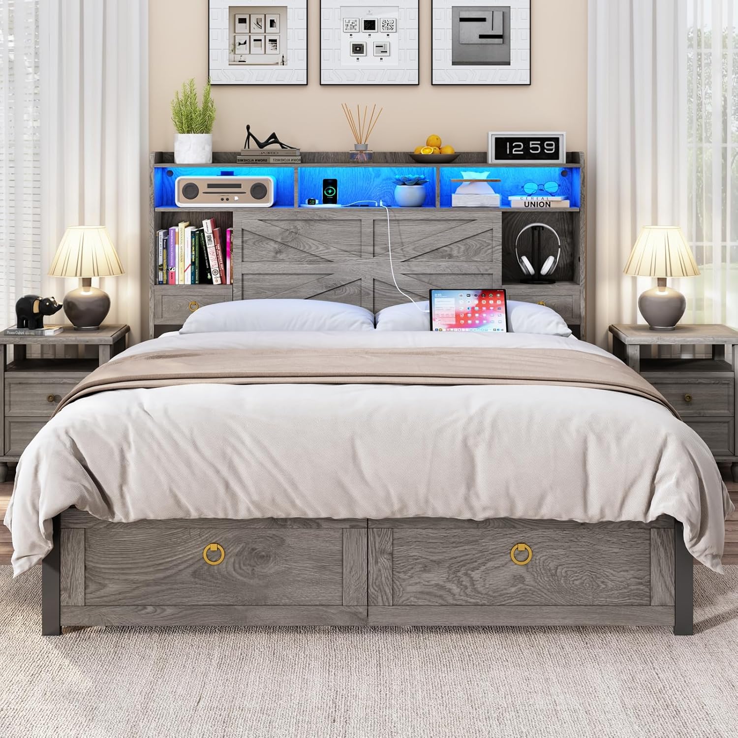 TIGUBFRE Full Bed Frame with Storage Headboard, Farmhouse Wood Bed Frame Full Size with 4 Drawers, LED Light & Charging Station, Metal Slats Support, Noise Free, No Box Spring Needed, Rustic Gray