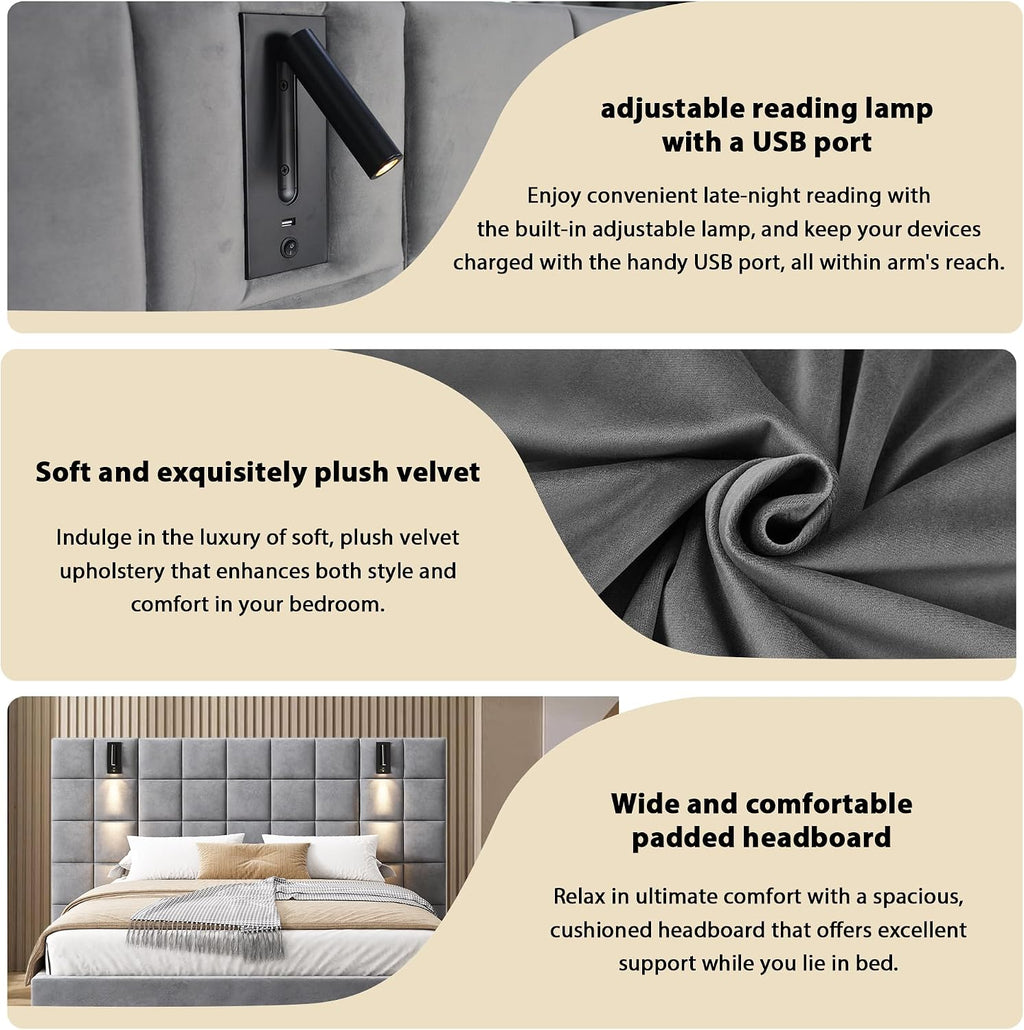 Christopher Knight Home Svens 46' High Headboard Bed, King Size Platform Bed Frame, Soft Velvet Bed Frame, King Size Headboard, Square Pattern Design with Reading Lamps and USB Ports, Grey