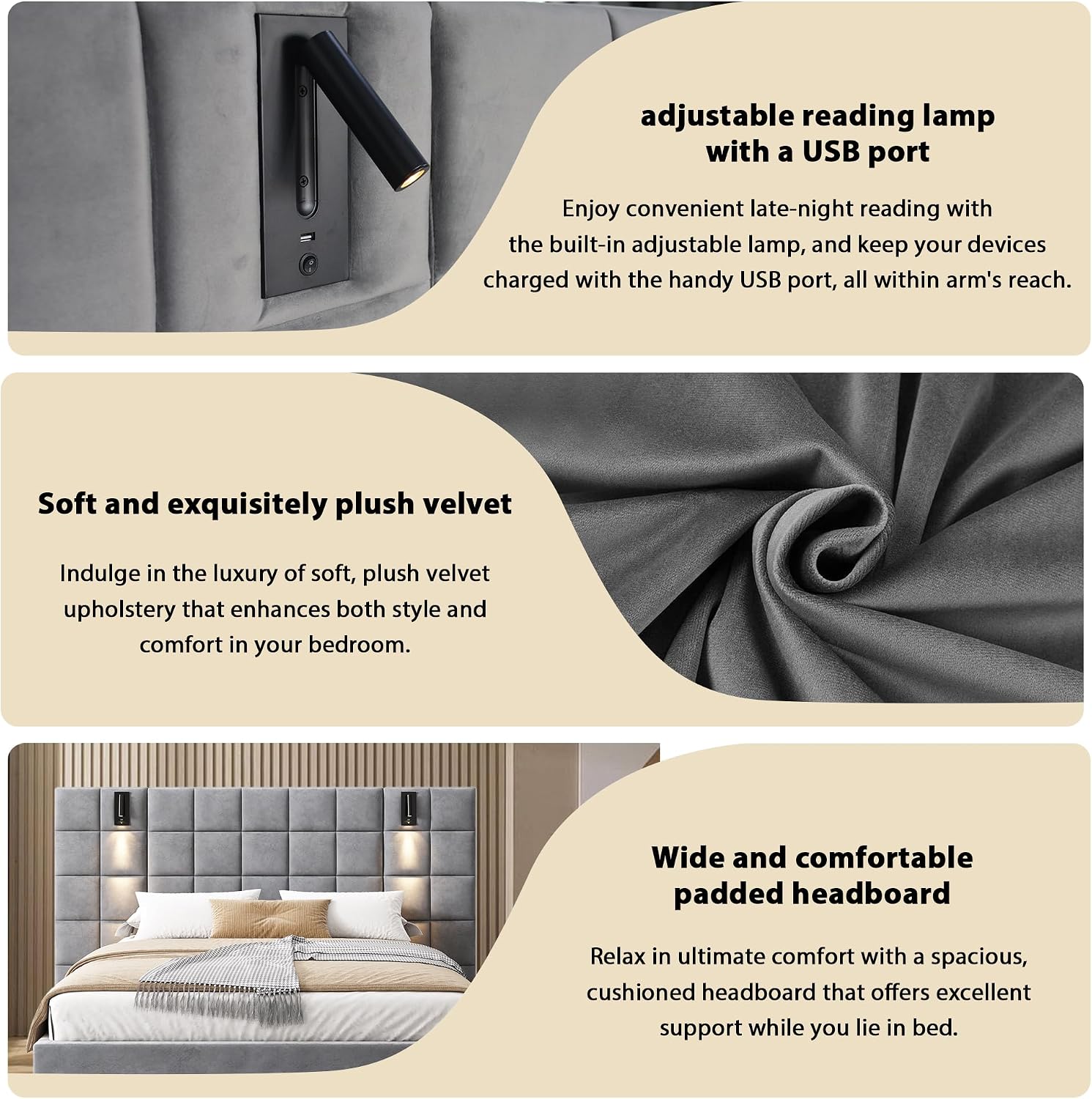 Christopher Knight Home Svens 46' High Headboard Bed, King Size Platform Bed Frame, Soft Velvet Bed Frame, King Size Headboard, Square Pattern Design with Reading Lamps and USB Ports, Grey