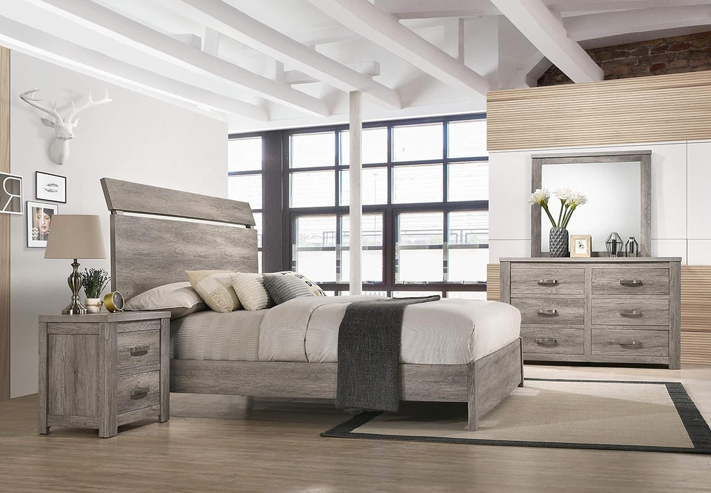 Floren Contemporary Weathered Gray Wood Bedroom Set, King Panel Bed, Dresser, Mirror, Nightstand, Chest