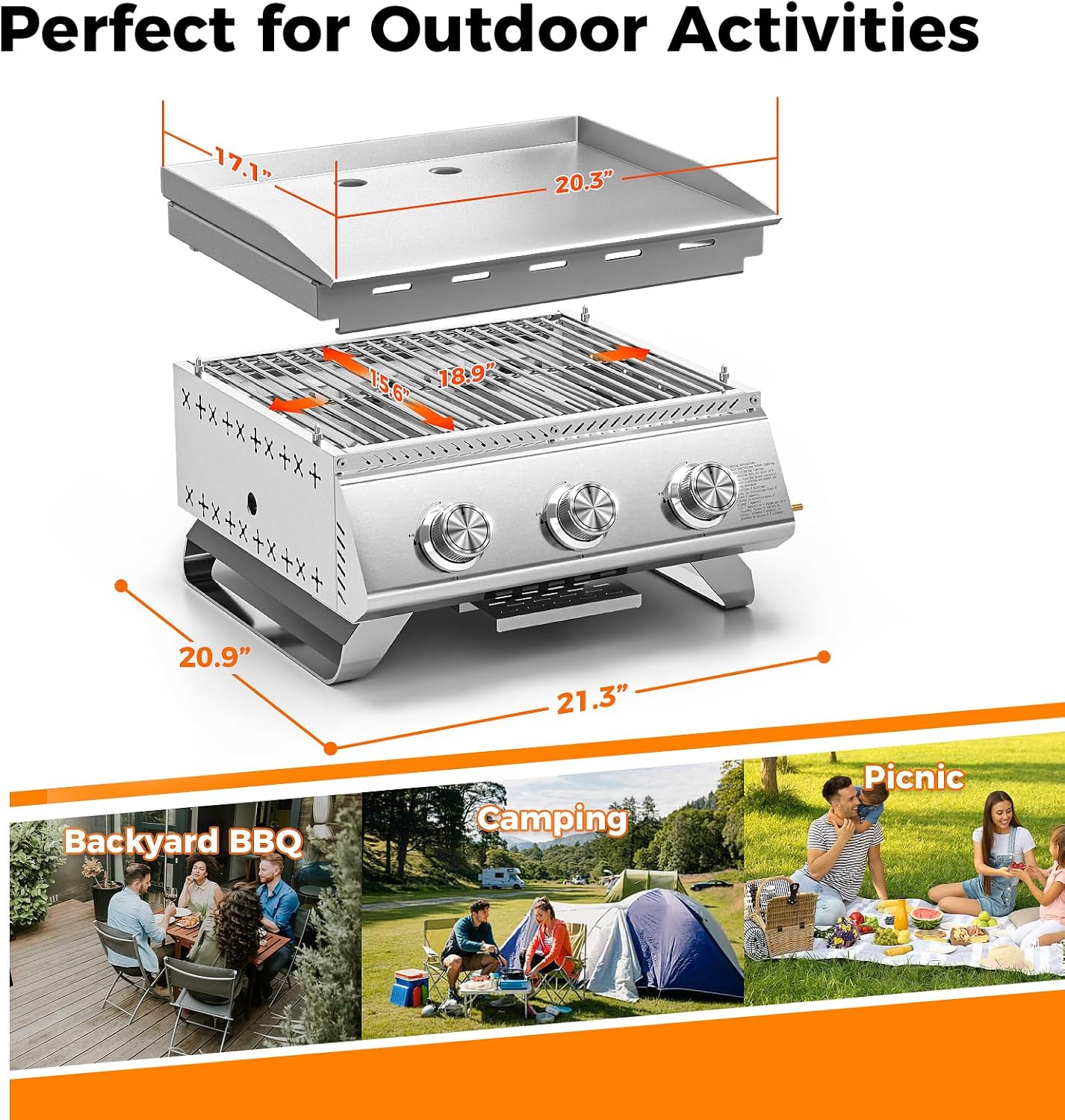 WAA 24000BTU Portable Propane Griddle, Tabletop Portable Propane Gas Grill with 3 Burners, Stainless Steel Flat Top Grill, Outdoor Cooking for Tailgating,Camping, RVs, BBQ, Patio, Silver