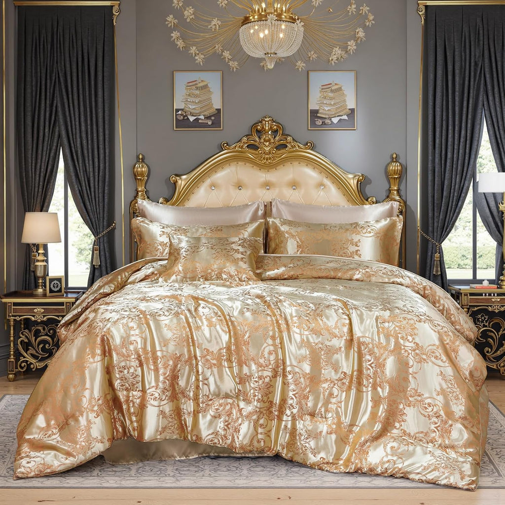 King Size 8-Piece Jacquard Comforter Set with Satin Sheets Set – Elegant Coordinated Bedding Collection for Bedroom Gold Bed-in-a-Bag
