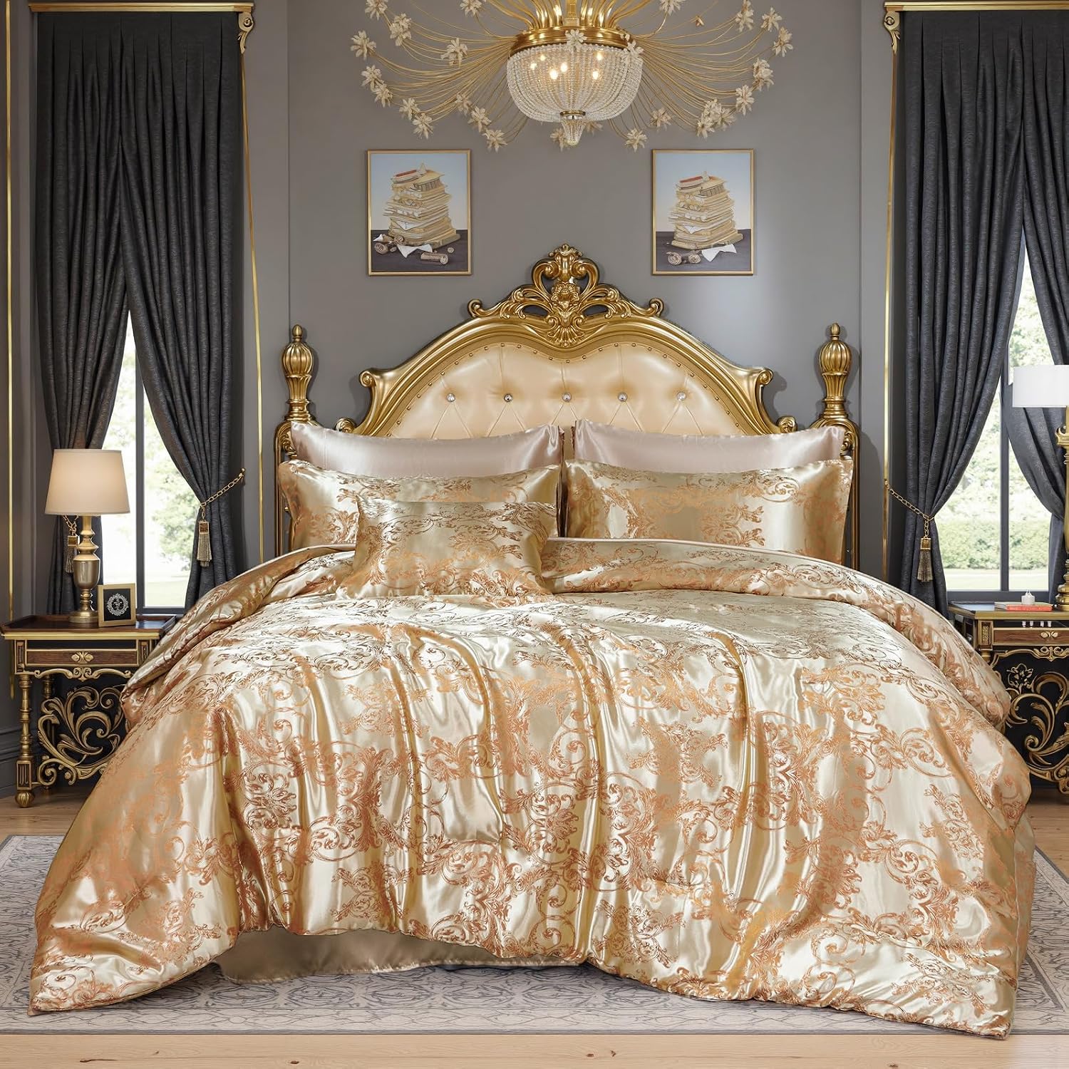 King Size 8-Piece Jacquard Comforter Set with Satin Sheets Set – Elegant Coordinated Bedding Collection for Bedroom Gold Bed-in-a-Bag