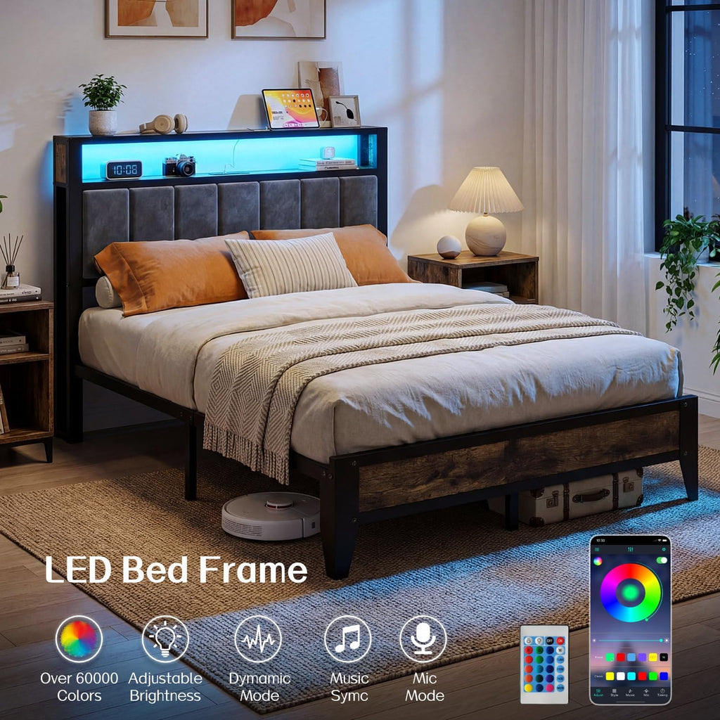 OLEVS Full Bed Frame Metal Platform Bed Queen Size with 2-Tier Storage & LED Light Headboard & Footboard, Charging Station Type C, No Box Spring Needed