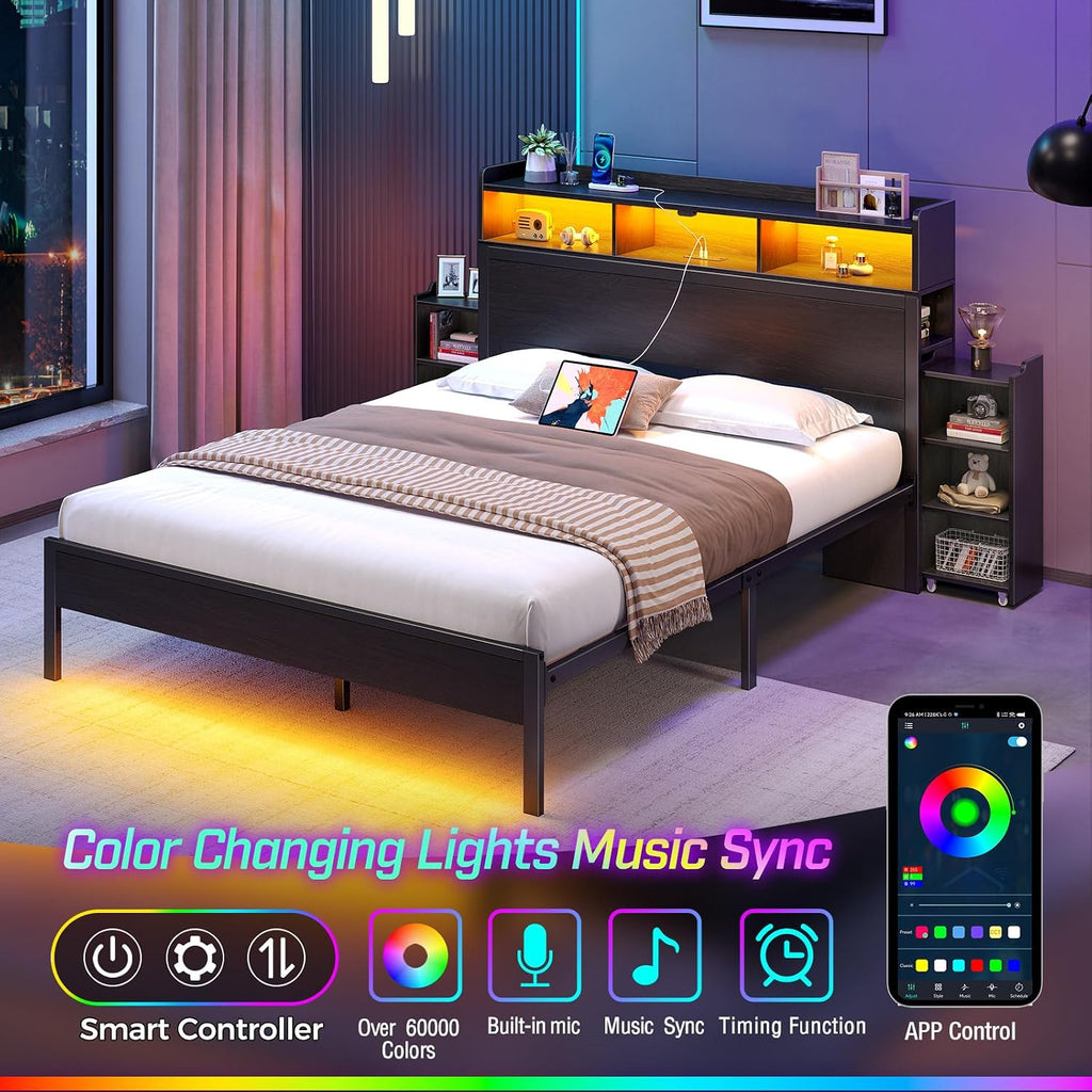 Rolanstar Full Size Bed Frame with Bookcase Storage Headboard, Slide Out Bedside Storage, Bed with Charging Station & LED Lights, Heavy Duty Metal Slats, No Box Spring Needed, Noise Free, Black