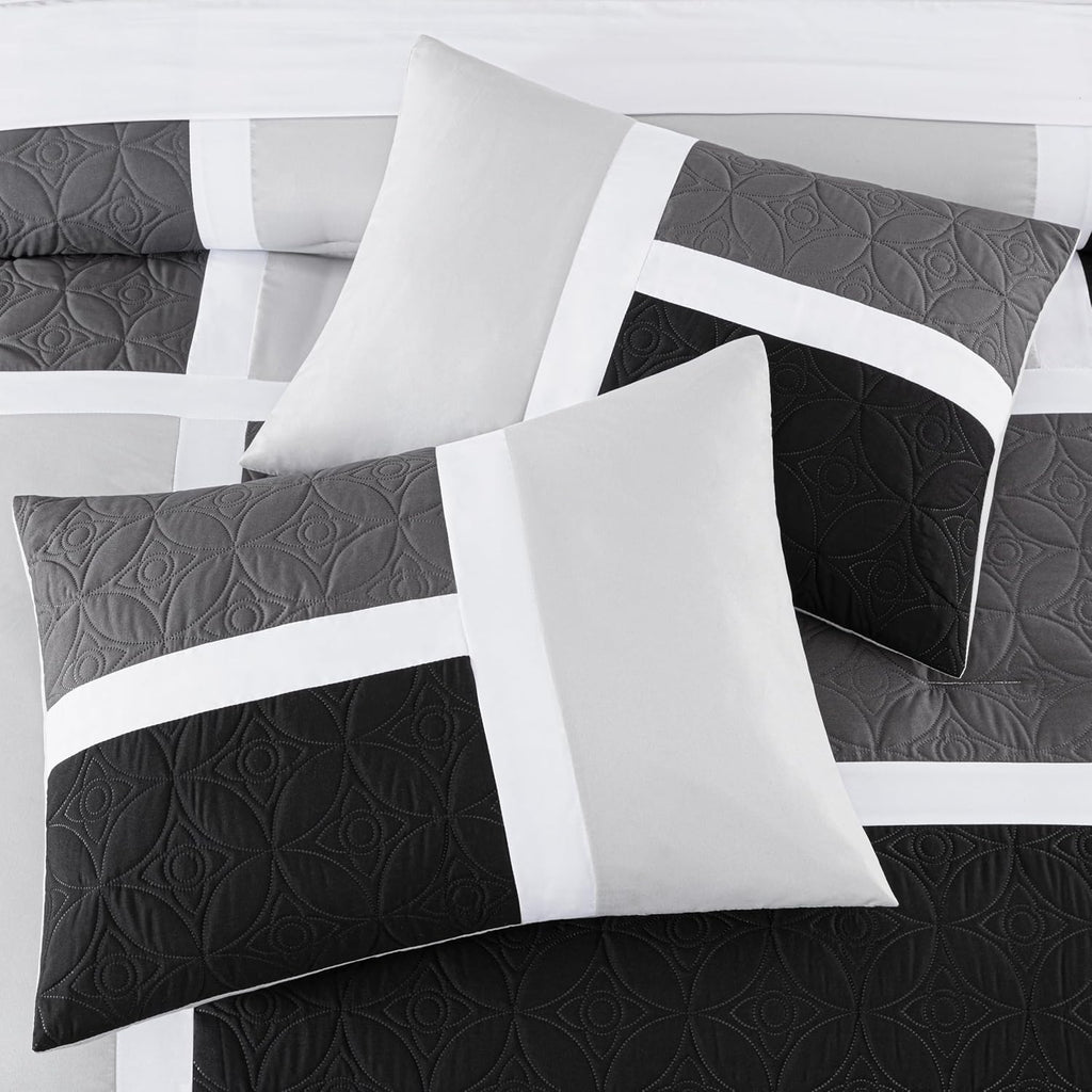 Chezmoi Collection Upland 7-Piece Quilted Patchwork Comforter Set, Black/Gray/Light Gray, Oversized King