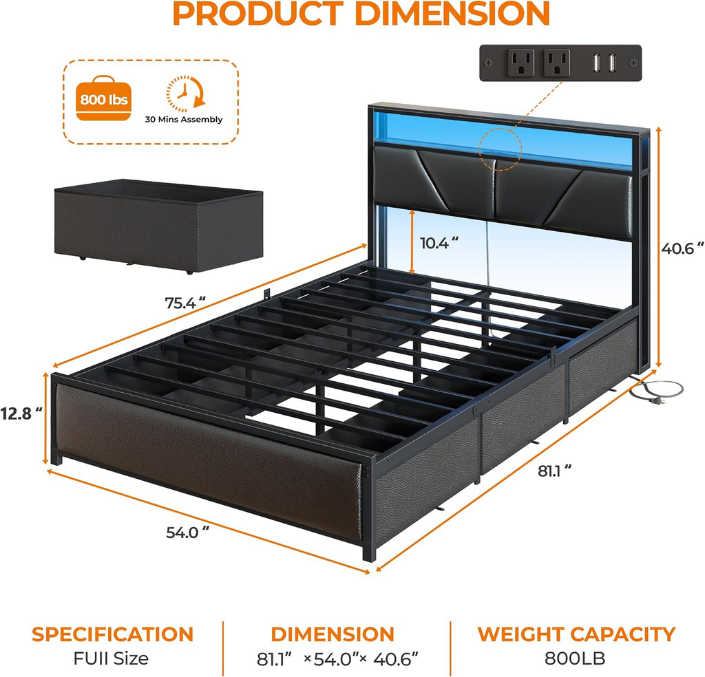 OURPIC Full Size Bed Frame, 2-Tier Storage Headboard & 6 Fabric Drawers, PU Leather Upholstered Platform Bed Frame Full with Charging Station and LED Lights, No Box Spring Needed, Noise Free