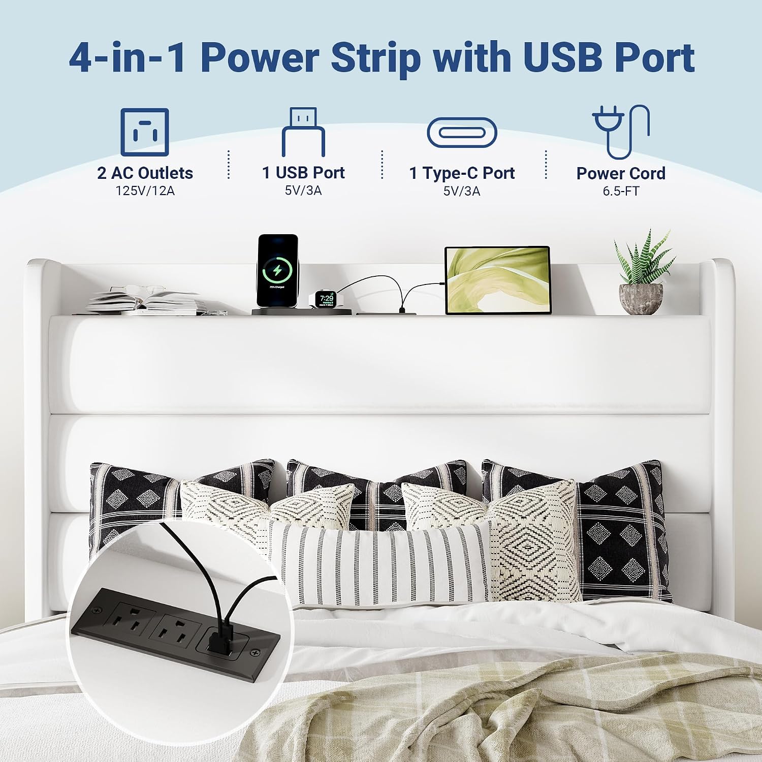 Allewie Full Size Upholstered Bed Frame with Charging Station & Storage Headboard, Soft Velvet Wingback Platform Bed, Strong Wooden Slats Support, No Box Spring Needed, Easy Assembly, White