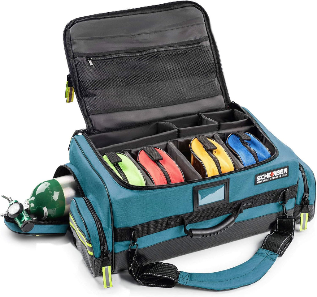 Scherber Fully Stocked First Responder Ultimate Professional EMT/EMS Trauma Kit | HSA/FSA Approved | w/10+ Compartments, Zippered Pockets, Dividers, Oxygen Access & 260+ First Aid Supplies (Blue)