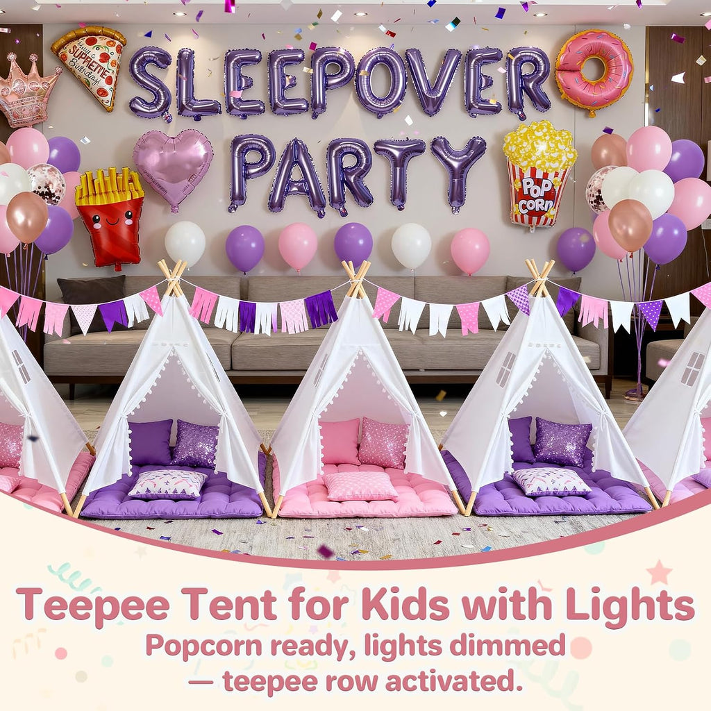 8 Pack Teepee Tent for Kids with Lights, Cotton Indoor Play Teepee with Pompom for Girls & Boys, Sleepover Tents for Boho Slumber Spa Party