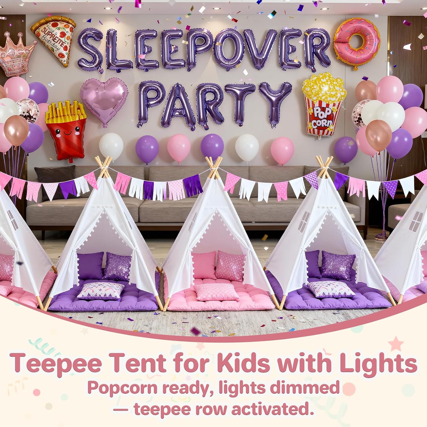 8 Pack Teepee Tent for Kids with Lights, Cotton Indoor Play Teepee with Pompom for Girls & Boys, Sleepover Tents for Boho Slumber Spa Party
