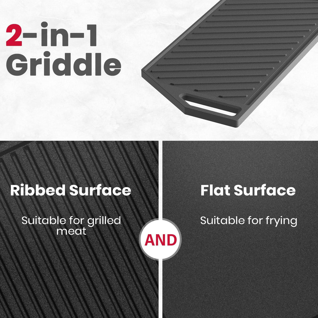 GASLAND 2-in-1 Reversible Cast Iron Grill/Griddle for Gas Stovetop with Comfortable Handles, Non-Rust Coating, Black, 1-Piece