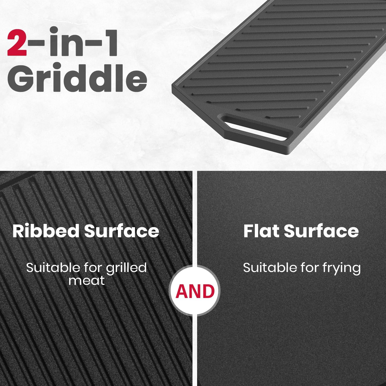 GASLAND 2-in-1 Reversible Cast Iron Grill/Griddle for Gas Stovetop with Comfortable Handles, Non-Rust Coating, Black, 1-Piece