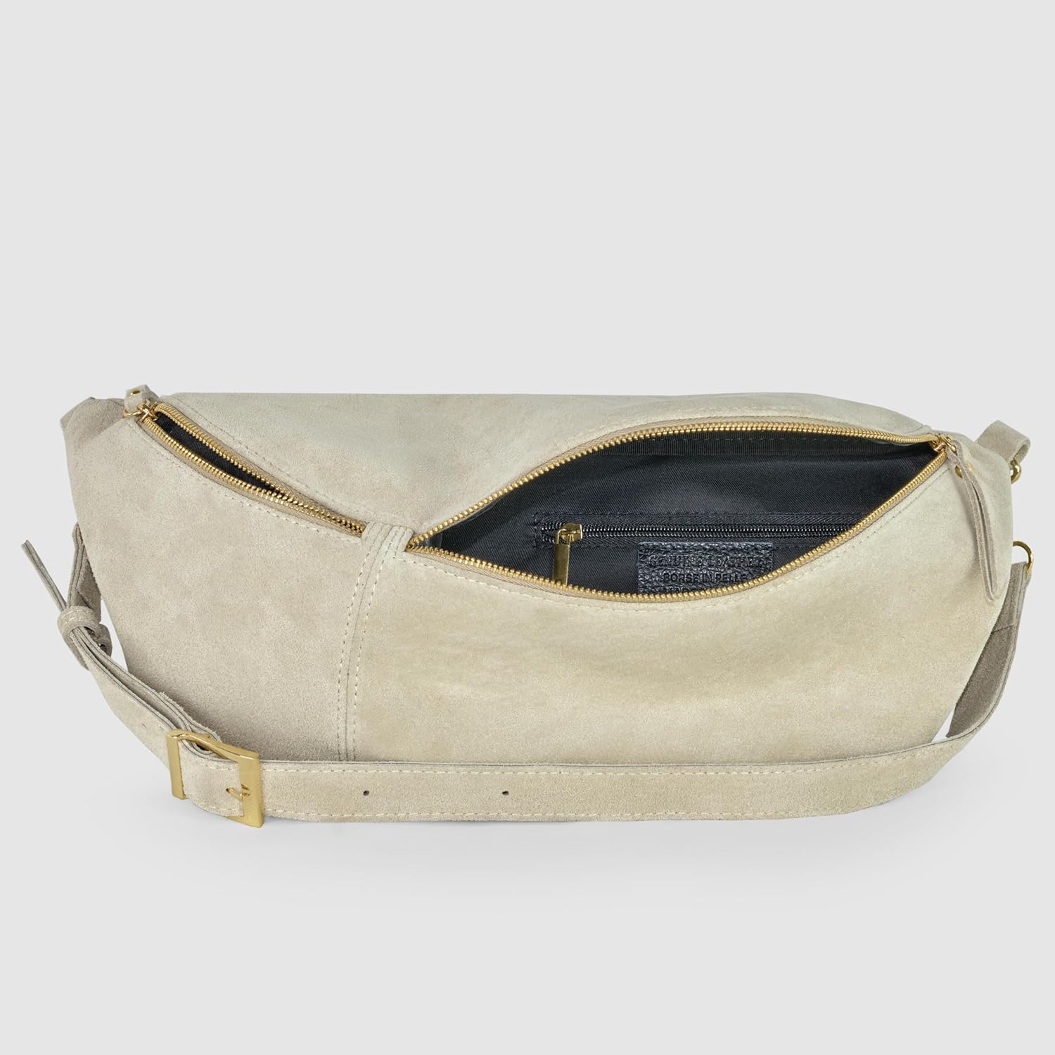 Italian Genuine Suede Crossbody Bag for Women with Zipper & Detachable Strap | Large Travel Chest Sling Fanny Pack (Beige)