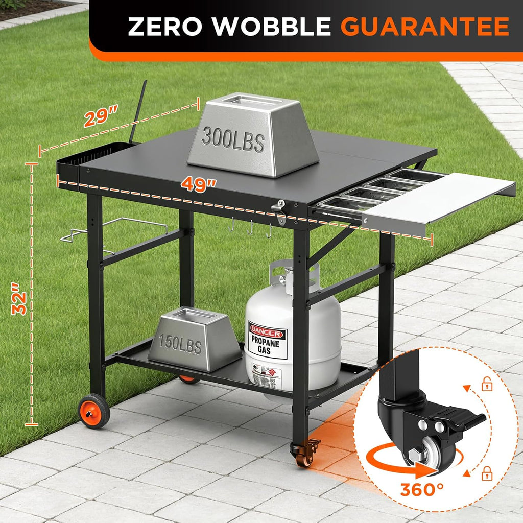 EUTRKei Pizza Oven Table with Topping Station - 45' x 29' Outdoor Grill Cart for Ooni, Ninja, Gozney, Solo Stove, Heavy Duty 450lbs Capacity, Grill Table with Extendable Desk for Tailgating Backyard