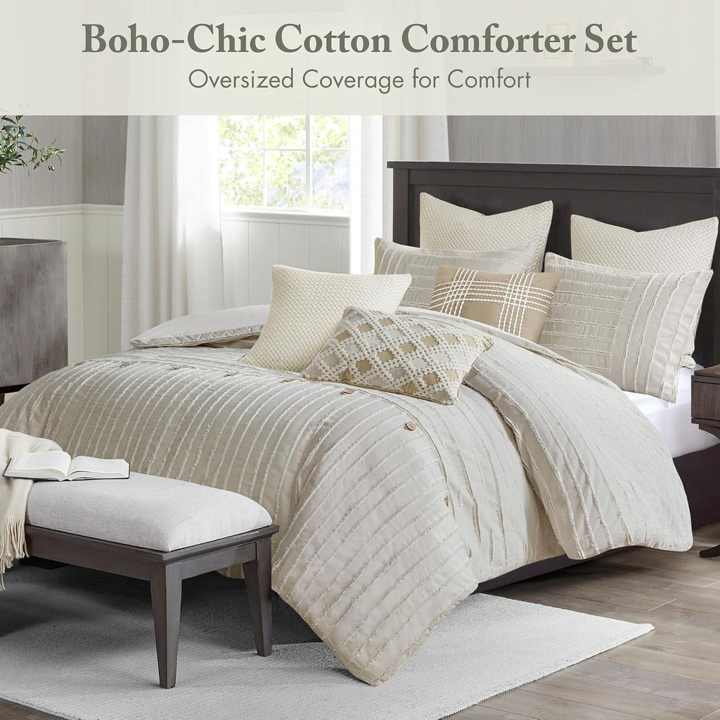 Madison Park Queen Comforter Set Clipped Jacquard Stripes with Buttons Boho Comforter for a Queen-Size Bed, Cotton Oversized Comforters with Removable Cover Boho Bedding, Queen Ivory 8 Piece