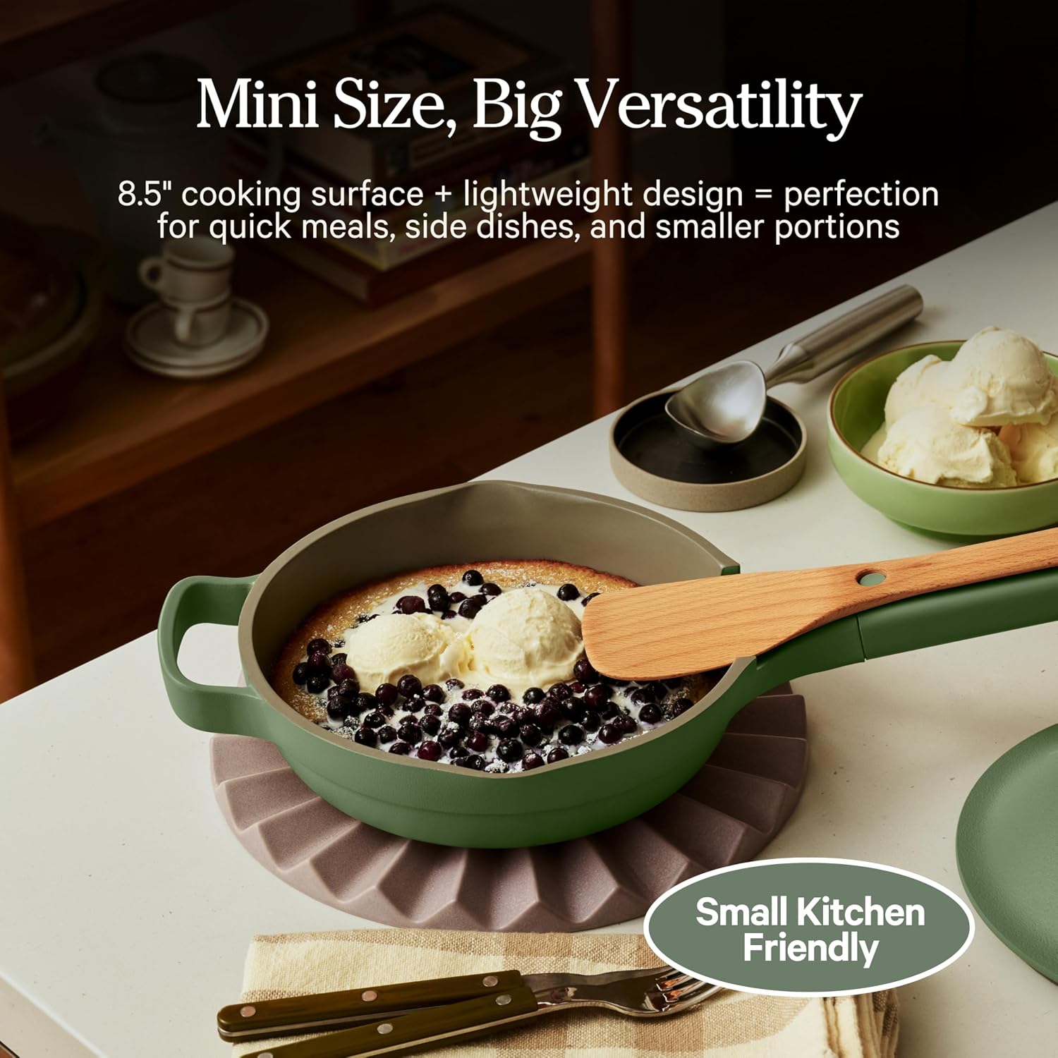 Our Place Mini Always Pan | 8.5' Ceramic Pan with Modular Lid & Beechwood Spatula | Patented 10-in-1 Nonstick, Non-Toxic Cookware Made Without PFAS | Induction & Oven-Safe up to 450°F | Sage