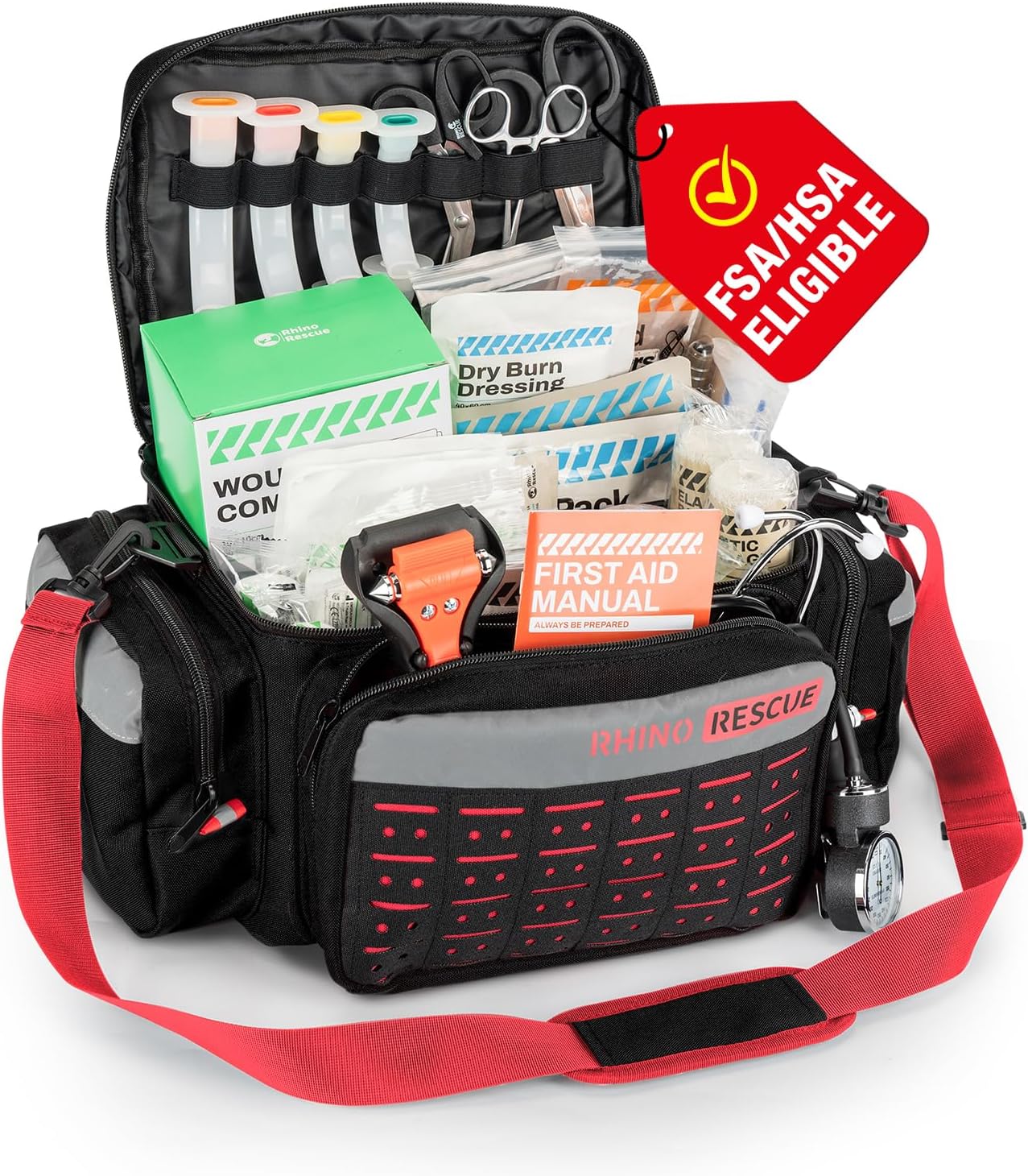 RHINO RESCUE First Responder First Aid Kit Fully-Stocked EMT Bag, Professional EMT/EMS Trauma Medical Kit, Molle System & Reflective Stripe, 300+ First Aid Supplies, Suits for Business, Home (Black)