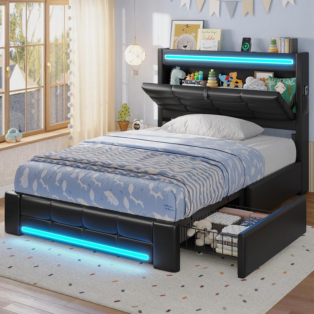 ADORNEVE Twin Bed Frames with Storage Headboard & 4 Drawers, LED Bed Frame with Charging Station, Upholstered Twin Size Platform Bed for Kids, No Box Spring Needed, Black PU