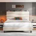 EnHomee Full Size Bed Frame with Adjustable Height Upholstered Headboard, 3 USB Charging Ports, Noise-Free Platform Bed, No Box Spring Needed, Beige