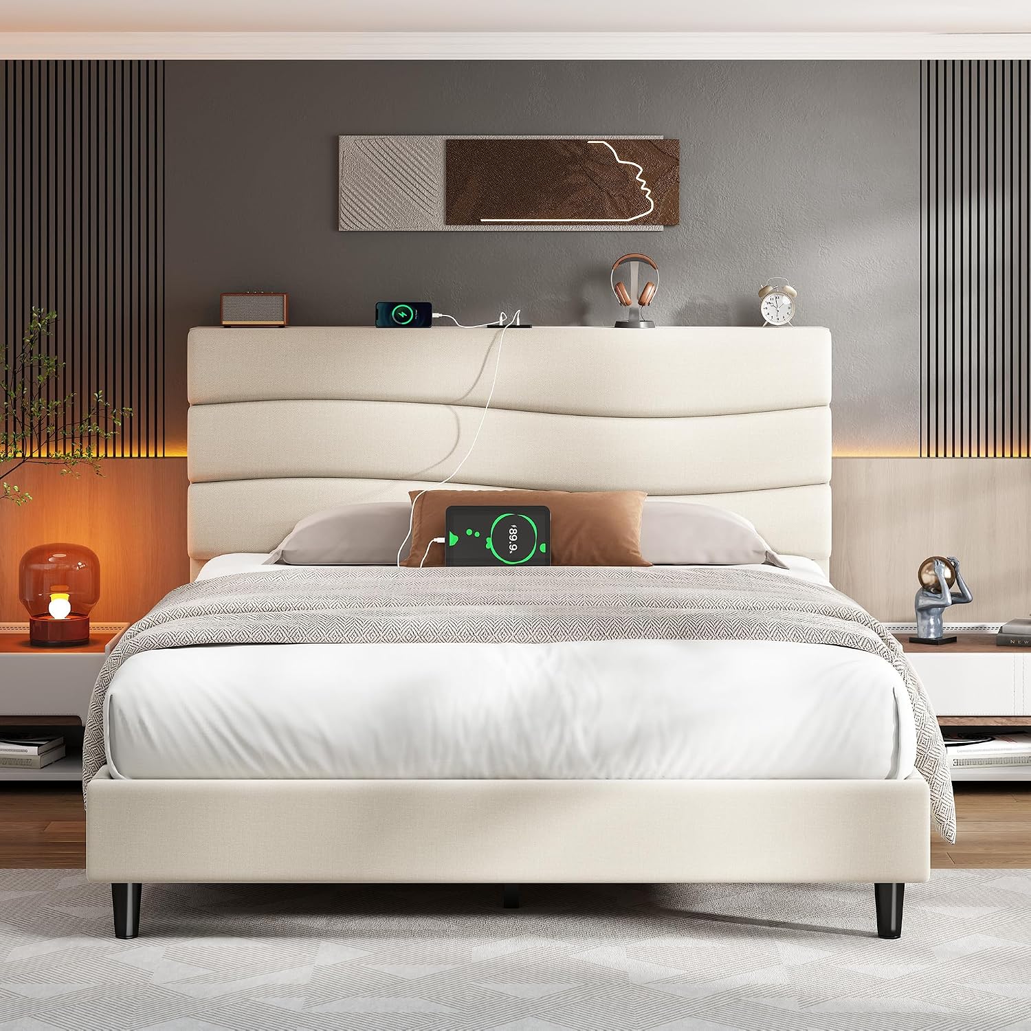EnHomee Full Size Bed Frame with Adjustable Height Upholstered Headboard, 3 USB Charging Ports, Noise-Free Platform Bed, No Box Spring Needed, Beige