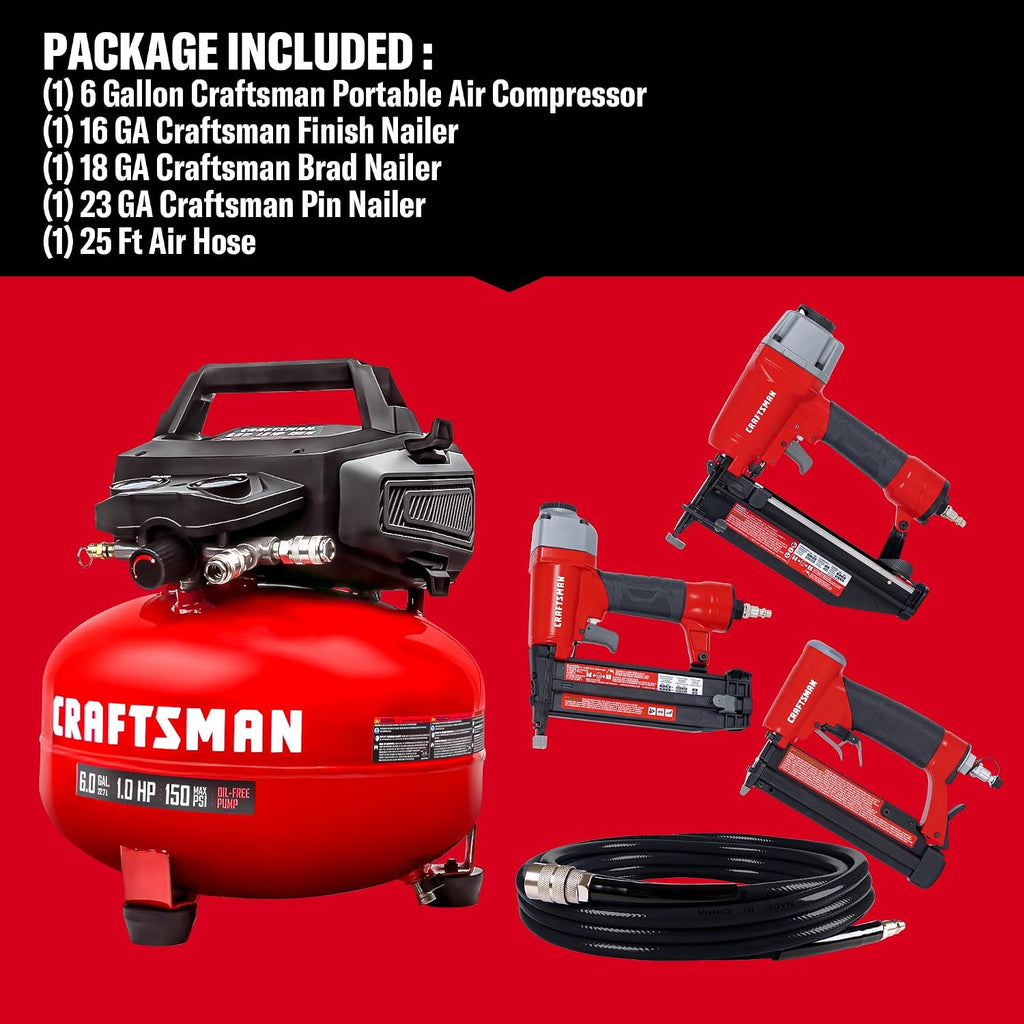 Craftsman 6-Gallon Pancake Air Compressor, 150 PSI, Oil-Free, w/ 16GA Finish, 18GA Brad & 23GA Pin Nailers, 25-Ft Hose