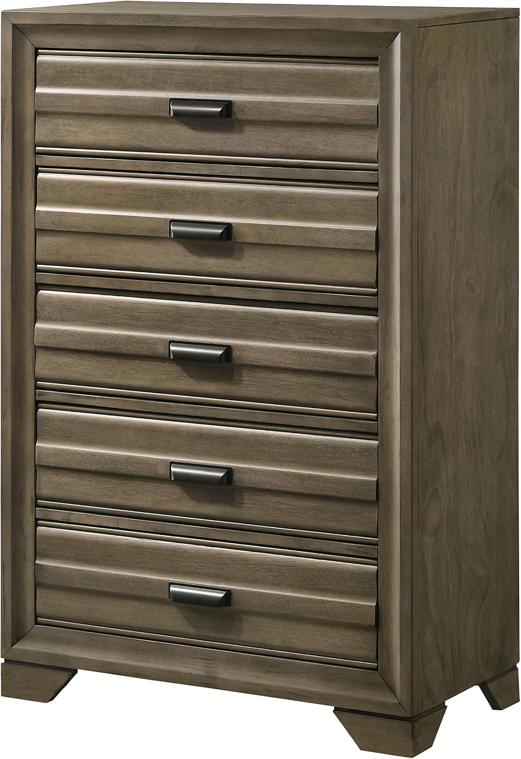 Roundhill Furniture Loiret Wood Storage Platform King Bedroom Set with Dresser, Mirror, Two Nightstands, Chest, Light Gray
