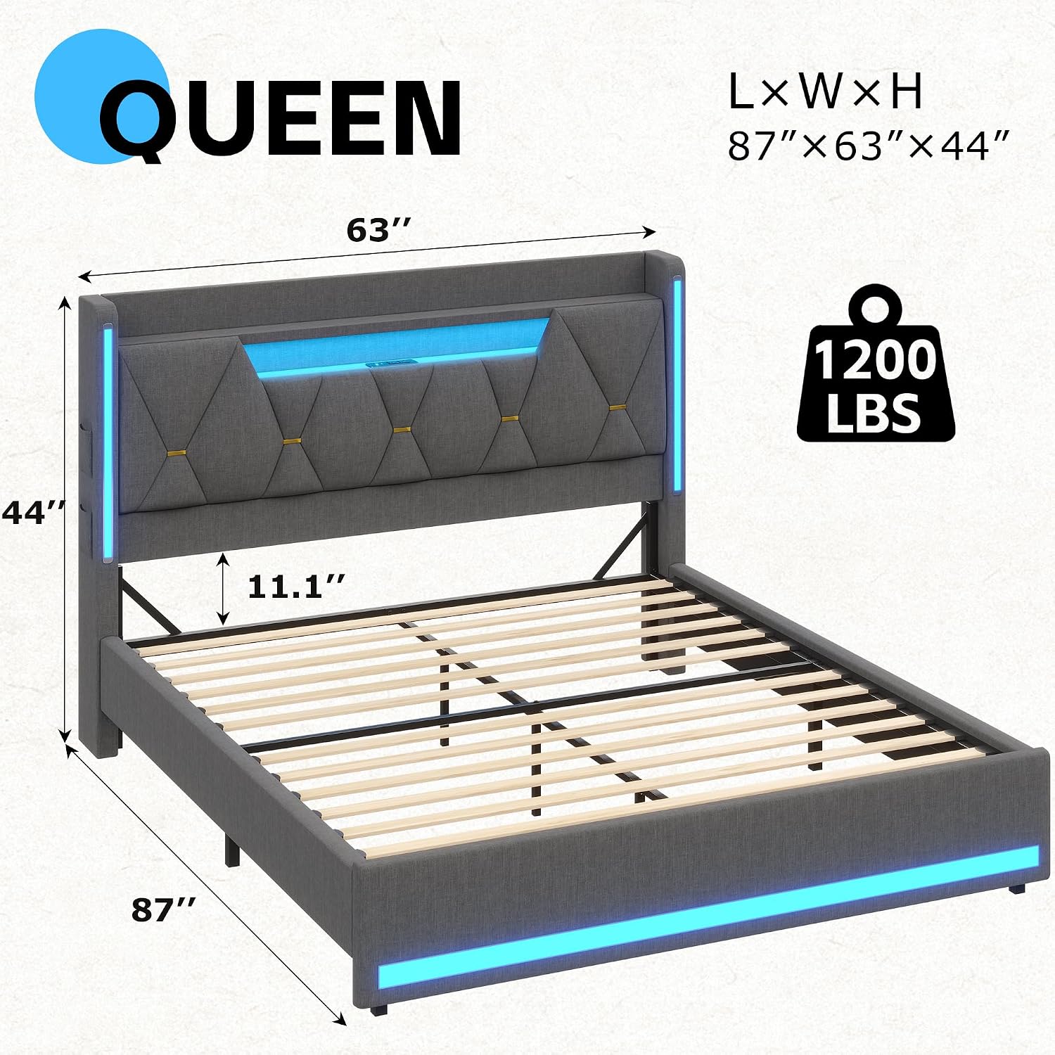 BYSAUD Queen Bed Frame with Storage Headboard, Bed Frame Queen Size, Upholstered Platform Bed Frame with LED Lights and Charging Station, No Noise, No Box Spring Needed, Dark Gray, Linen