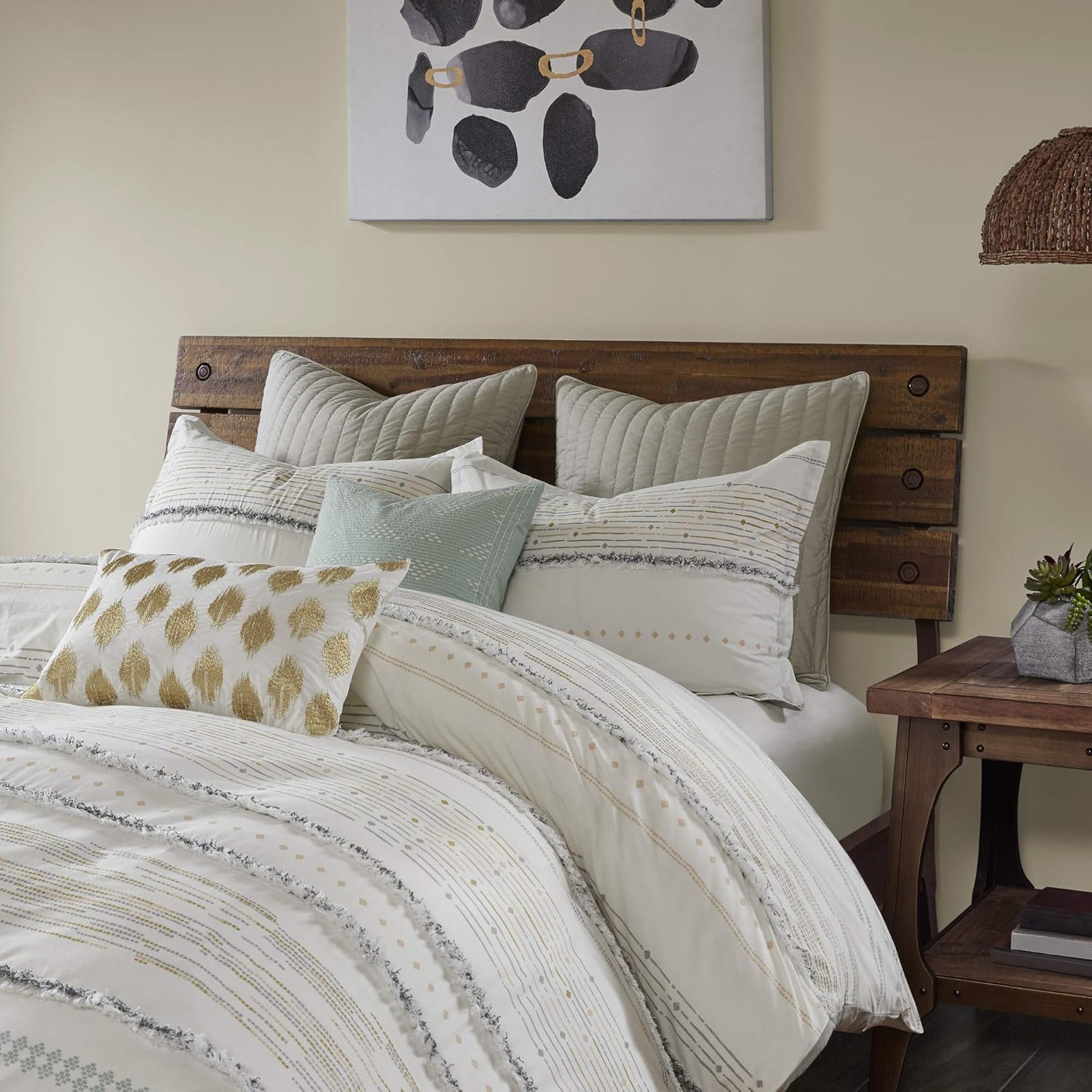 INK+IVY Luxurious Cotton-Bedding Set - Mid Century Trendy Geometric Design, All Season Cozy-Cover With Matching-Shams, King/Cal King, Nea Trims Grey/Multi