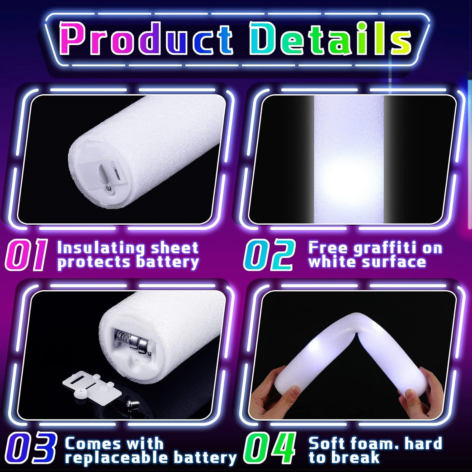 Liliful 200 Pcs LED Foam Sticks Bulk White Light up Sticks Flashing Glow Baton Wands Themed Party Set, Glow in the Dark Party Supplies for Wedding, Raves,Concert,Birthday,Sporting Events