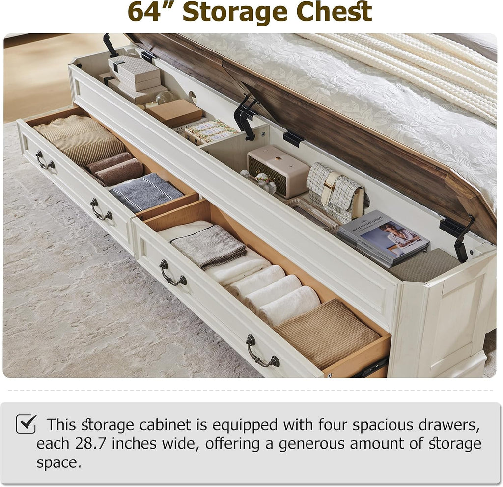 T4TREAM Farmhouse Queen Bed with Headboard and Storage Bench, Rustic Wood Platform Bed with 64' Storage Chest w/ 4 Large Drawer (Antique White)