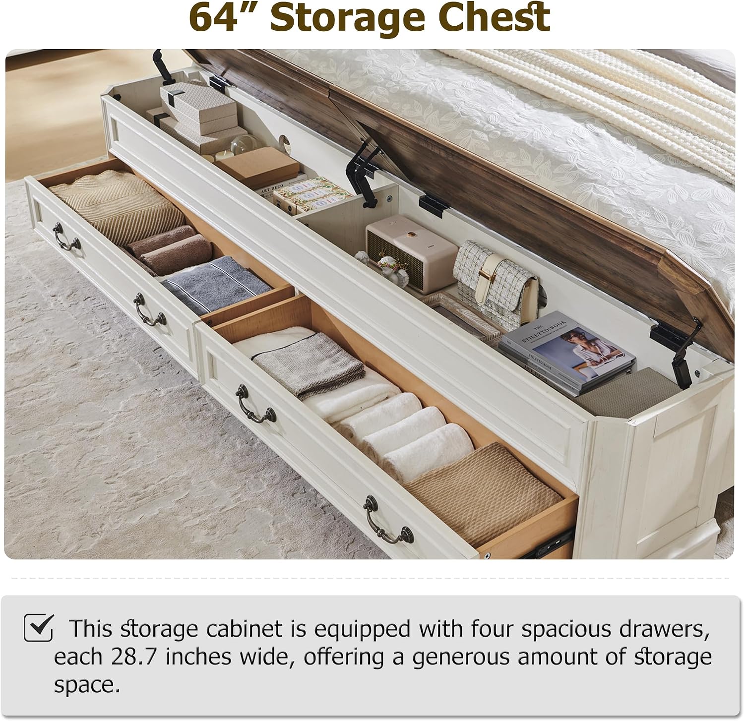 T4TREAM Farmhouse Queen Bed with Headboard and Storage Bench, Rustic Wood Platform Bed with 64' Storage Chest w/ 4 Large Drawer (Antique White)