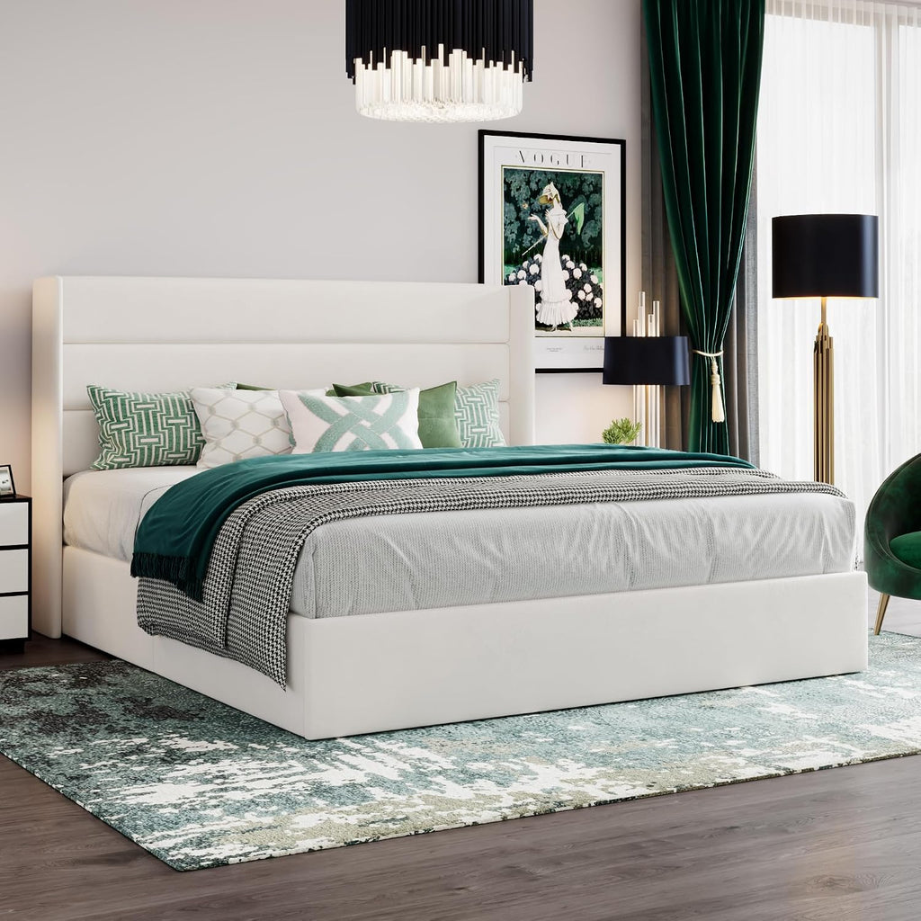 SHA CERLIN King Size Lift Up Storage Bed/Velvet Upholstered/Modern Wingback Headboard/Upholstered Platform Bed Frame/Hydraulic Storage/No Box Spring Needed/White
