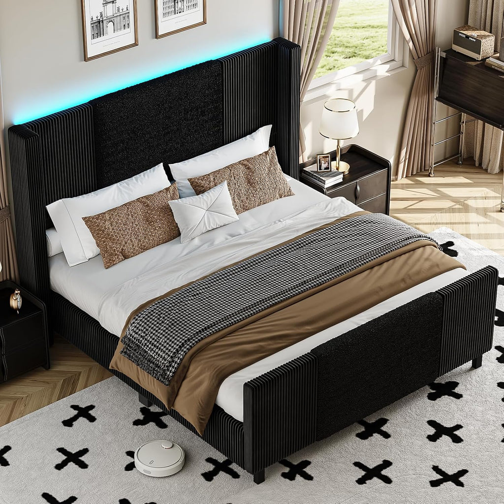 Lihimte Queen Size Bed Frame with Tall Headboard and Footboard, Boucle and Corduroy Upholstered Bed Frame Queen with LED Lights, Modern Platform Bed Frames, Noiseless, Easy Assembly, Black