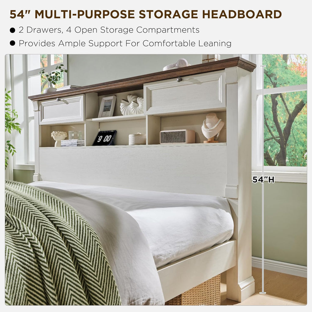 Farmhouse Queen Size Bed Frame with 54' Tall Storage Bookcase Headboard, Wood Platform Bed Frame with 2 Drawers & 18' Tall Roman Column Decoration Footboard, No Box Spring Needed(Antique White)