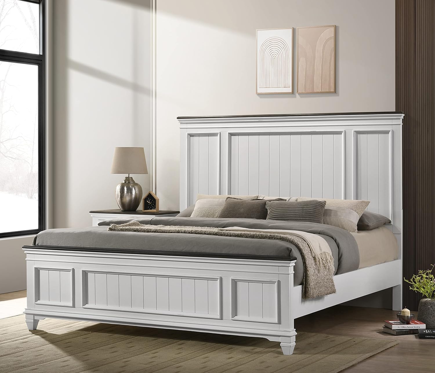 Clelane Wood Bedroom Set with Shiplap Panel King Bed, Dresser, Mirror, and Nightstand in Weathered White and Dark Gray