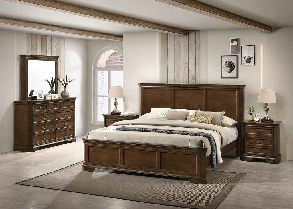 Roundhill Furniture Maderne Traditional Wood Panel Bed with Dresser, Mirror, Two Nightstands, Queen, Antique Walnut Finish