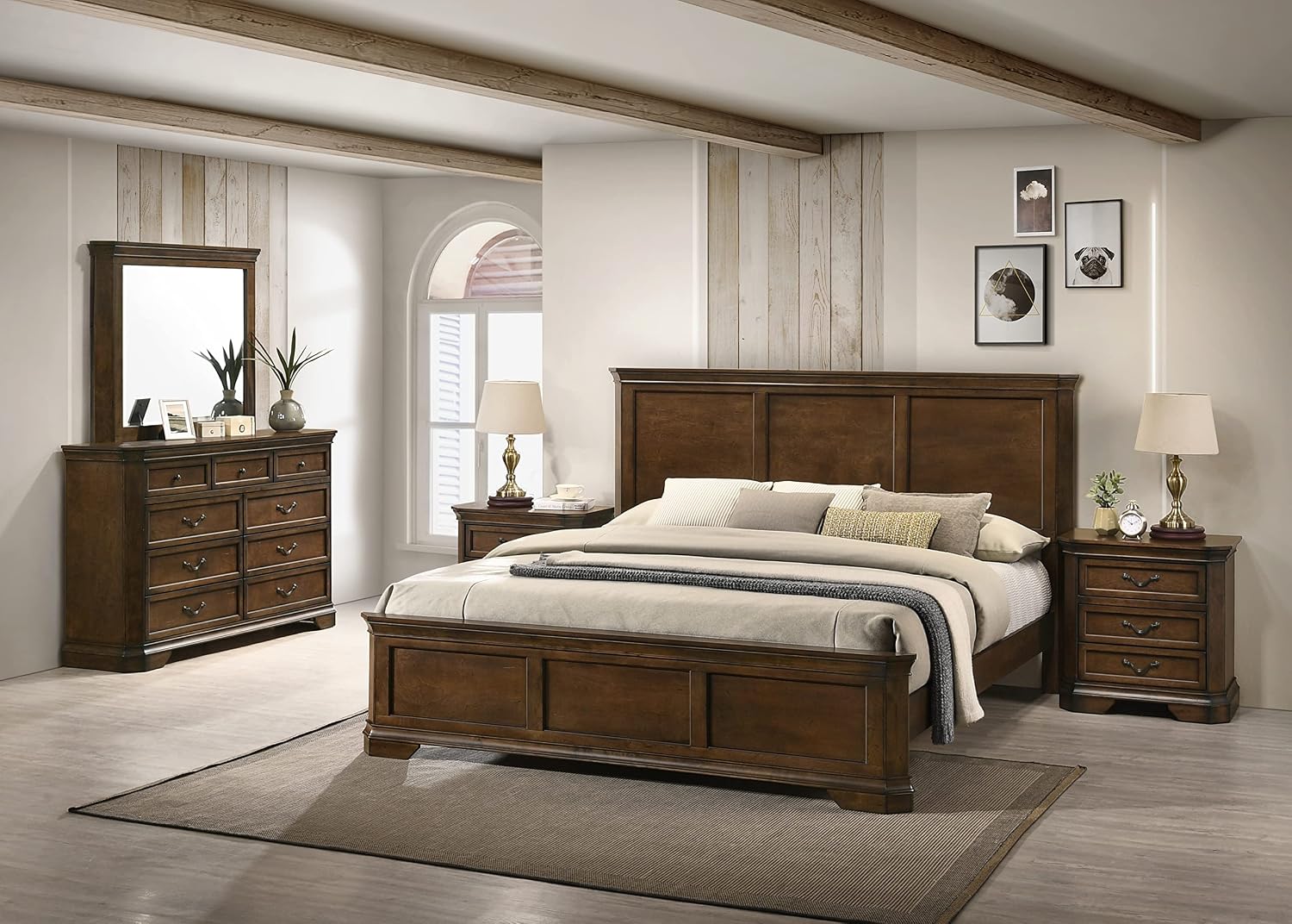 Roundhill Furniture Maderne Traditional Wood Panel Bed with Dresser, Mirror, Two Nightstands, Queen, Antique Walnut Finish