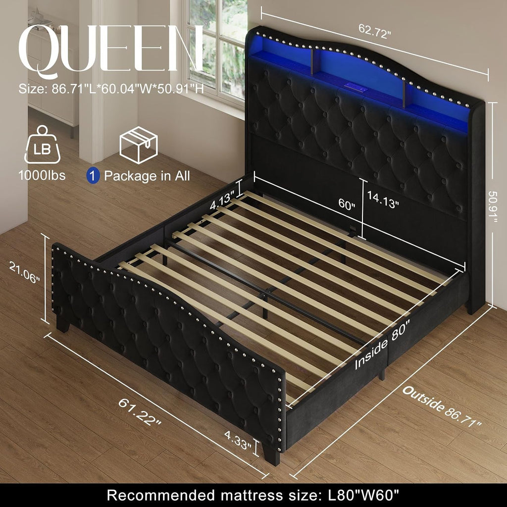 Belffin Queen Size Bed Frame and Headboard, 50.9' Velvet Upholstered Wingback Bedframe with LED Lights & Storage/Charging Station, Button Tufted Tall Footboard, No Box Spring Needed, Noise-Free, Black