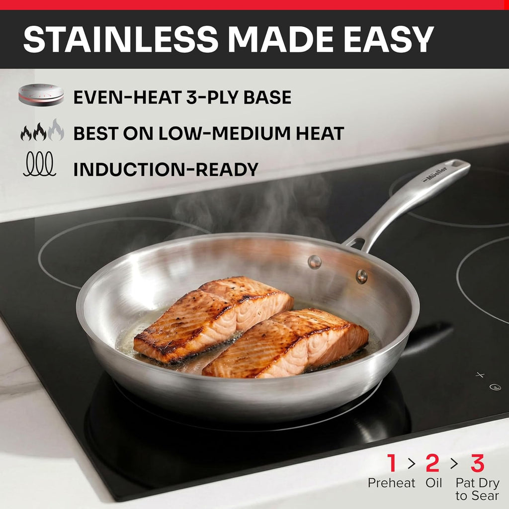 Mueller 17-Piece Stainless Steel Pots and Pans Set – Tri-Ply Ultra-Clad Pro Cookware Set, Induction Ready, Oven Safe, Even-Heat Aluminum Core, Includes Skillets, Saucepans, Dutch Oven, Stockpot