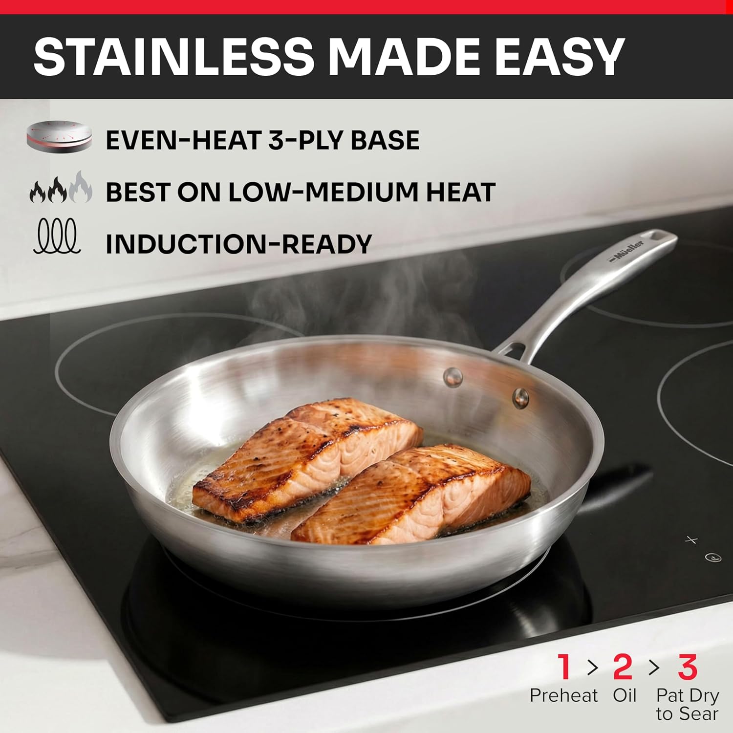 Mueller 17-Piece Stainless Steel Pots and Pans Set – Tri-Ply Ultra-Clad Pro Cookware Set, Induction Ready, Oven Safe, Even-Heat Aluminum Core, Includes Skillets, Saucepans, Dutch Oven, Stockpot