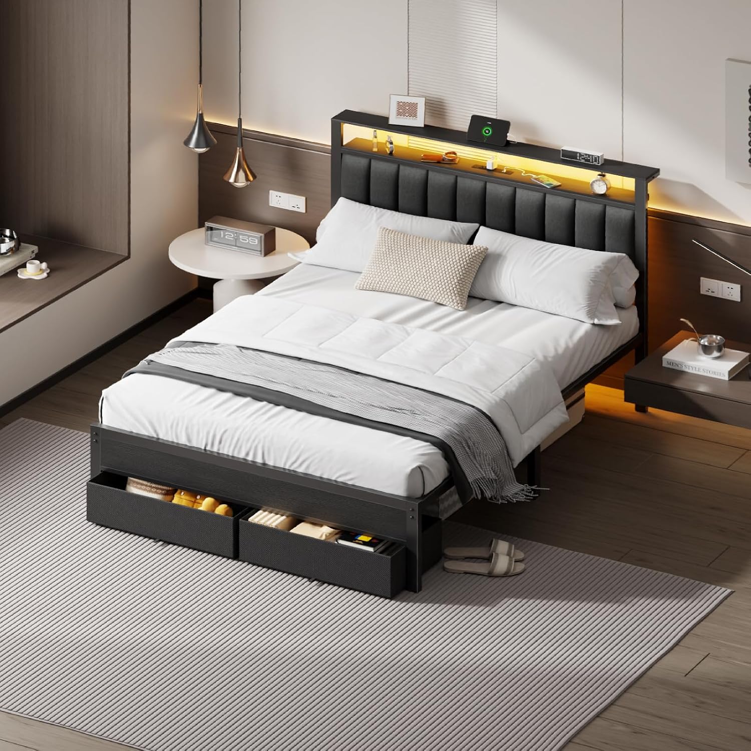 Furnulem Queen Bed Frame with Charging Station and LED Lights, Grey Upholstered Headboard with Shelves, Metal Platform Bed with 2 Under-Bed Storage (Fabric Drawer on Wheels), No Box Spring Needed