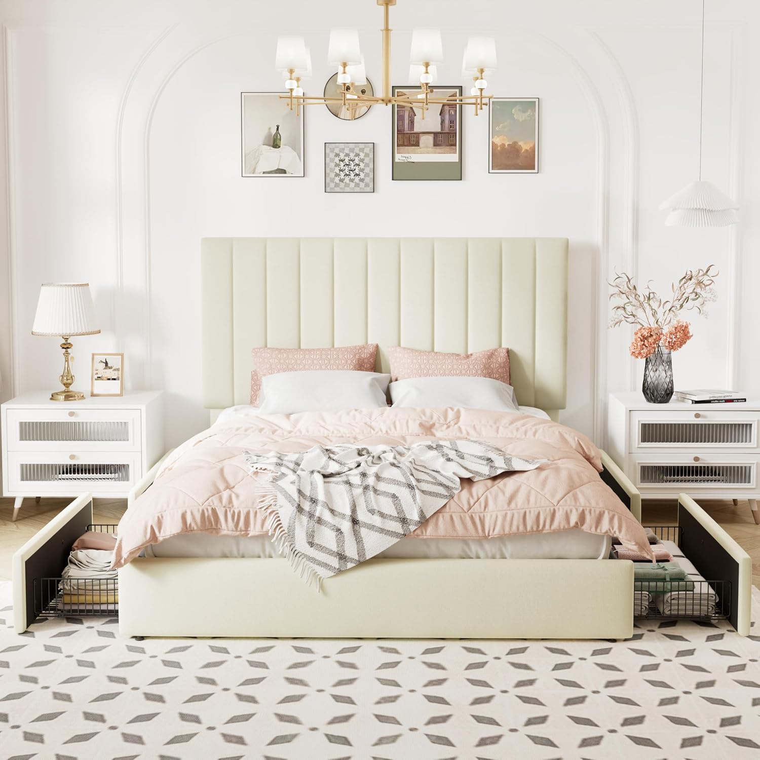 Allewie Queen Size Storage Bed Frame, Vertical Channel Tufted Adjustable Headboard, Velvet Upholstered Platform Bed with 4 Oversized Underbed Drawers, Wooden Slats Support, No Box Spring Needed, Cream