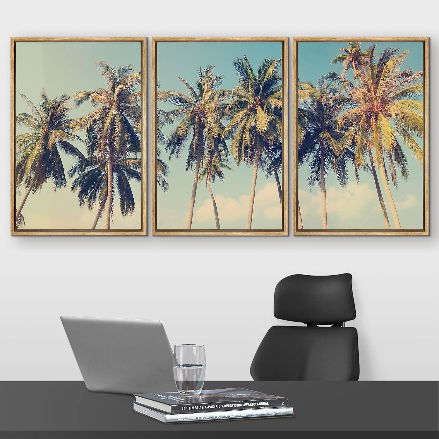 wall26 Framed Canvas Print Wall Art Set Row of California Palm Trees & Blue Sky Nature Wilderness Photography Realism Chic Scenic Relax/Calm for Living Room, Bedroom, Office - 16'x24'x3 Natural