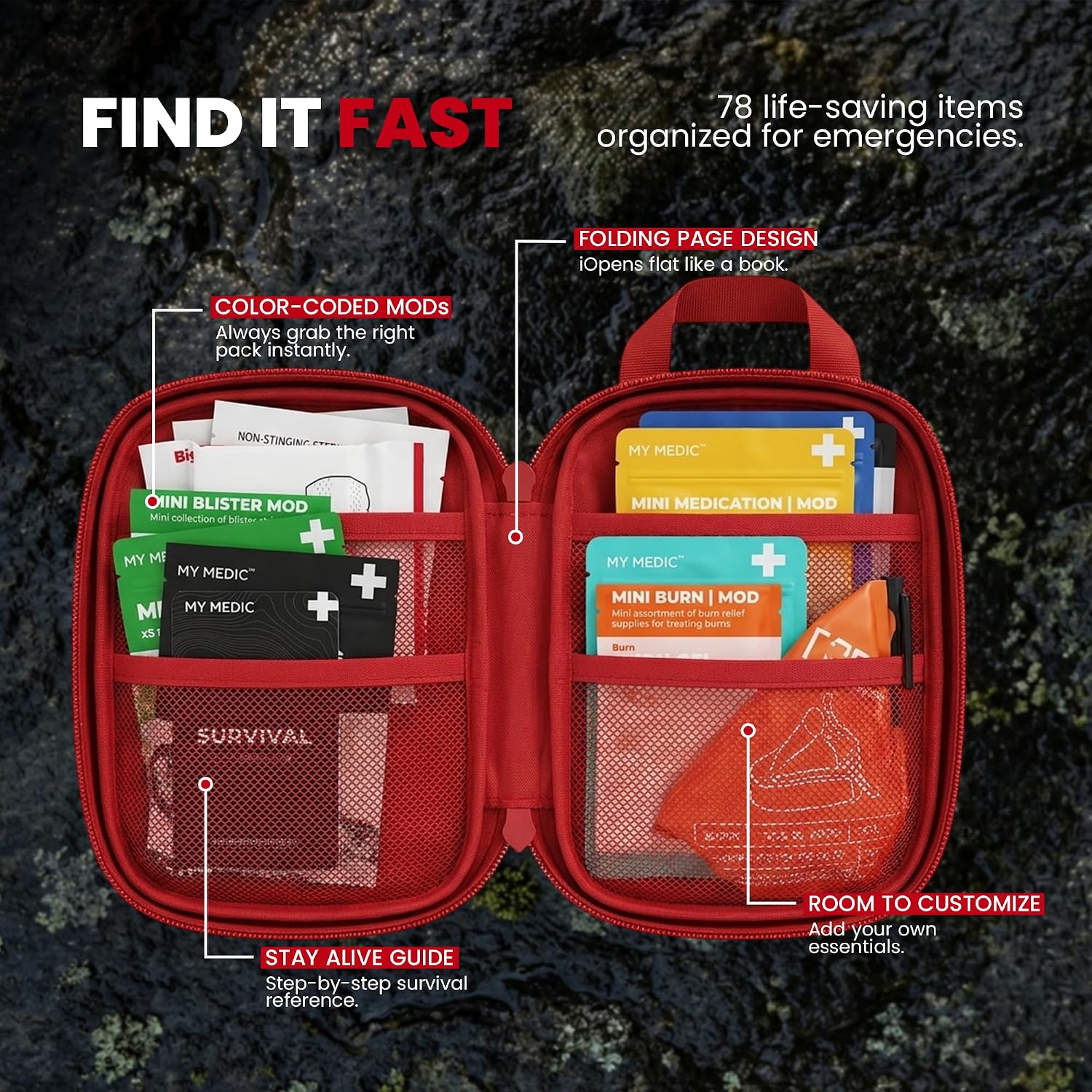 My Medic Sidekick Pro - Camping Hiking and Backpacking First Aid Kit - 70 Items with Tourniquet - HSA and FSA Eligible - Small Ifak Great for Travel or Motorcycle - Portable Emergency Kit – Red