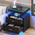 LED Nightstand with Wireless Charging Station - Modern Night Stand with Lights, Glass Top Bedside Table with Drawers for Bedroom, Glossy End Table with Human Body Induction (Black)