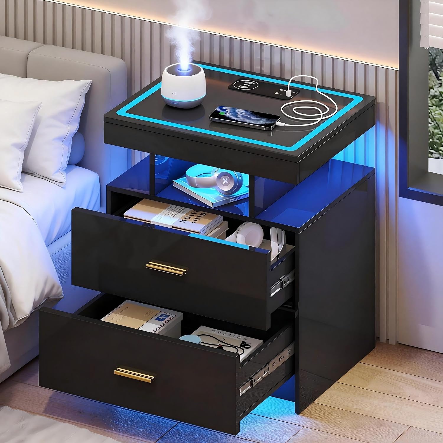 LED Nightstand with Wireless Charging Station - Modern Night Stand with Lights, Glass Top Bedside Table with Drawers for Bedroom, Glossy End Table with Human Body Induction (Black)